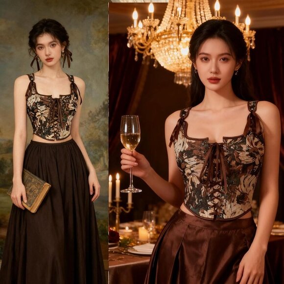 Women Vintage Lace-Up Corset Top Floral Jacquard Bustier Shapewear Crop - Picture 3 of 9